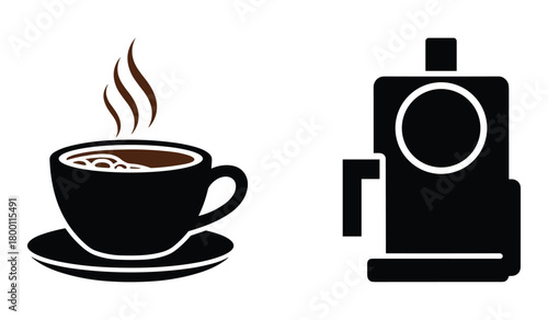Black coffee cup with steam and coffee maker icon saucer