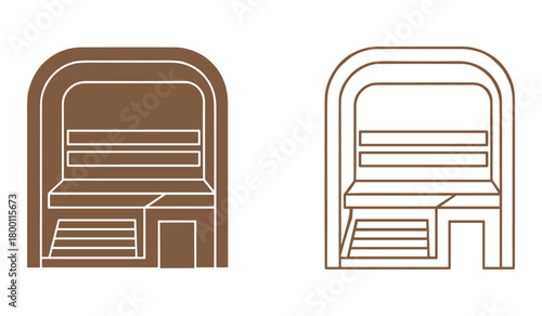 Brown outline drawing of a simplified A T M machine on white background banking finance