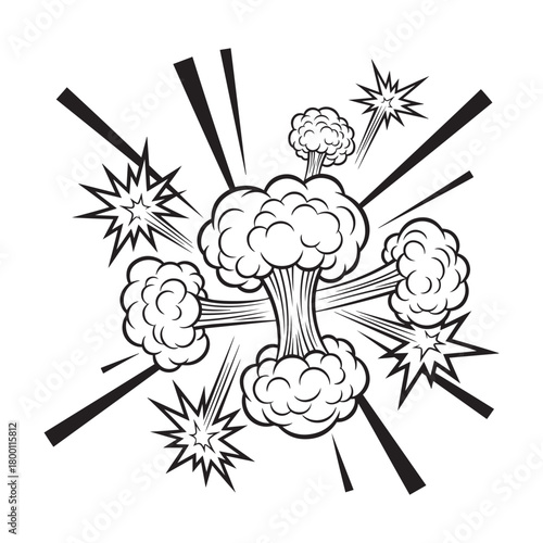 Retro comic book style explosion burst graphic with smoke clouds