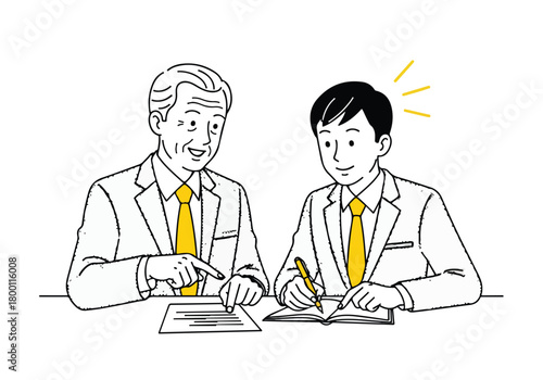 Experienced mentor guiding a motivated junior colleague, explaining business concepts and fostering new ideas. 