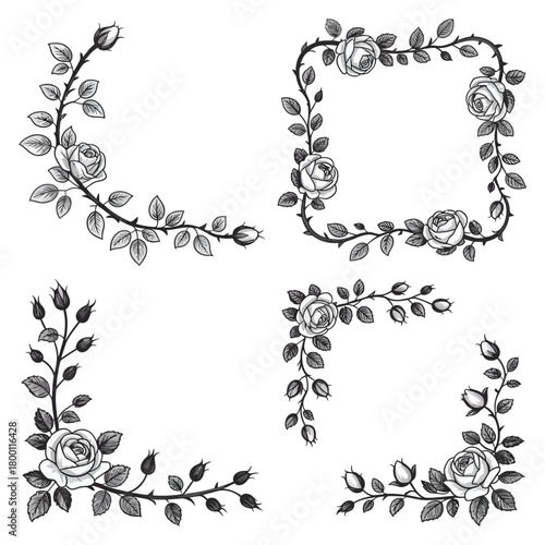 Vintage black and white rose floral border and corner design