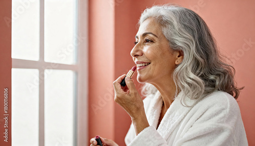 Happy mature woman with gray hair applying lipstick by a window. Senior lady in a bathrobe enjoying her daily self-care and makeup routine. Graceful aging concept
