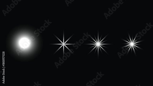 Set of white glowing lens flares and starburst light effects