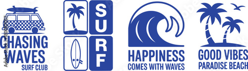 Dynamic collection of vintage and modern surf-themed graphics, capturing the essence of beach culture, ocean adventure, and the thrilling pursuit of waves for an ultimate summer vibe