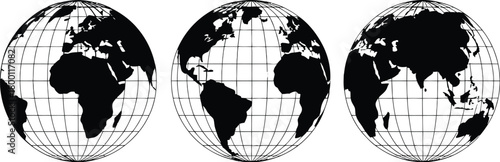 World Globe Variations A Trio of Global Views Depicting Different Hemispheres in Monochrome