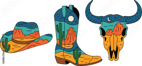 Western Cowboy Hat Boot and Bull Skull with Desert Landscape Silhouette