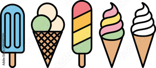 A colorful collection of various ice cream treats illustrated in a simple flat line art style with bold outlines isolated on a white background