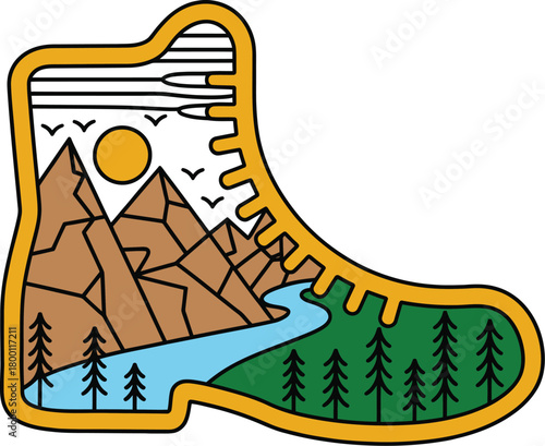 Stylized hiking boot illustration with a thick yellow outline, enclosing a picturesque mountain landscape with a winding river and pine forest