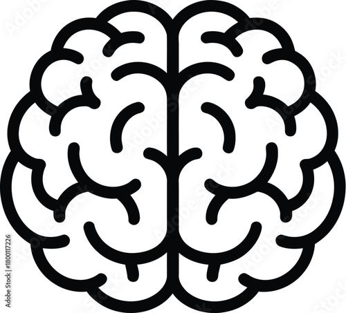 Stylized Human Brain Depiction with Clean Bold Lines Detailing Left and Right Hemispheres, Emphasizing Cerebral Cortex Folds and Grooves, Symbolizing Cognition, Mind, and Intelligence