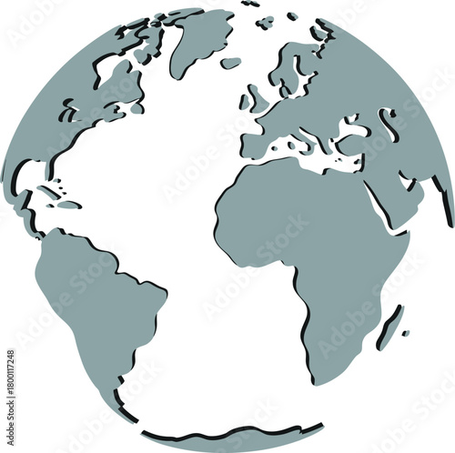 Minimalist grey world map icon showing a three-dimensional perspective of the globe with stylized continents and clean black outlines isolated on a white background