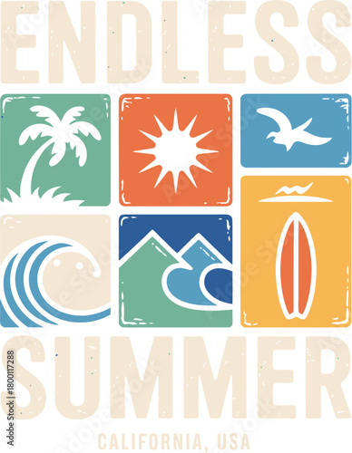 A collection of vintage summer icons in a textured grid layout, featuring a palm tree, sun, wave, and surfboard for a retro beach vibe