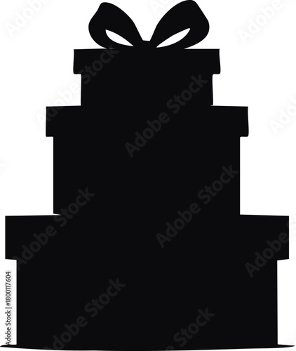 Black silhouette of gift box stack with bows, holiday present vector, Minimal Christmas Gift Illustration, Festive Holiday Package Icon, Stacked Gift Boxes Silhouette