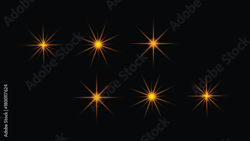 Seven bright starburst light effects for design element overlays