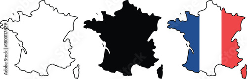 A collection of three vector illustrations of the map of France, featuring an outline, a solid silhouette, and a version with the national flag