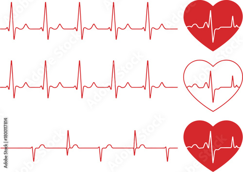 Collection of red heartbeat pulse lines on an EKG and heart shape icons for medical and cardiology vector illustrations