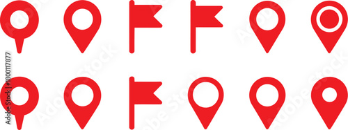 Red map markers and flags icons, a collection of location pointers for navigation and geography