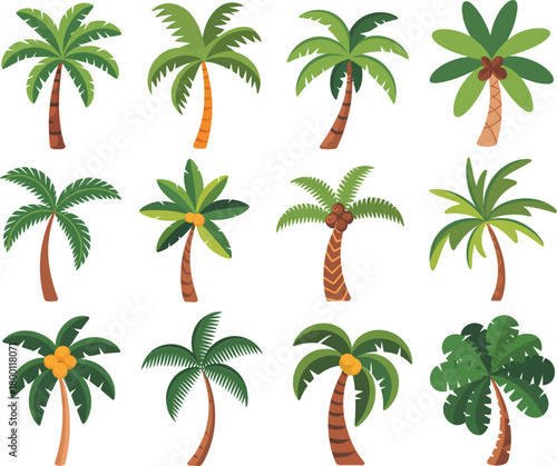A diverse collection of twelve stylized cartoon palm trees, featuring various leaf patterns, coconuts, and trunk shapes isolated on a white background