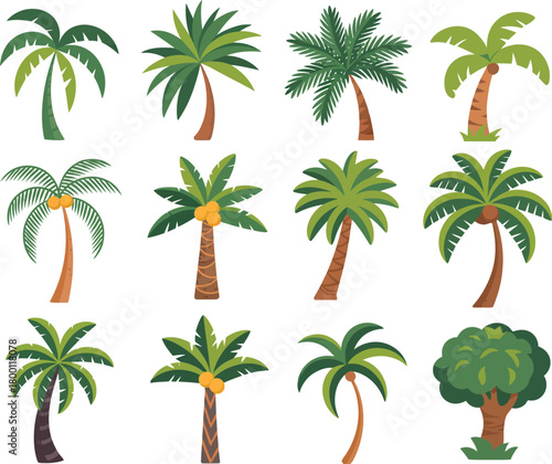 Collection of Palm Tree Icons and Illustrations for Tropical and Vacation Design Elements