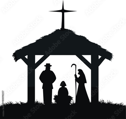 Christmas nativity scene silhouette with Star of Bethlehem shining above, night sky background, minimal holy scene illustration vector, Nativity Silhouette Christmas Design, Holy Night Religious 