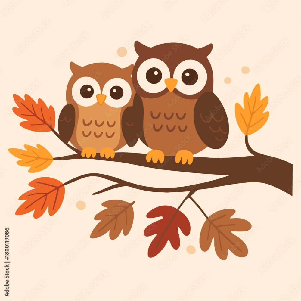 Obraz premium Cute Cartoon Owls Sitting on a Tree Branch with Autumn Leaves