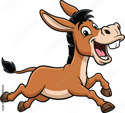 A happy cartoon donkey running with its mouth open and big teeth