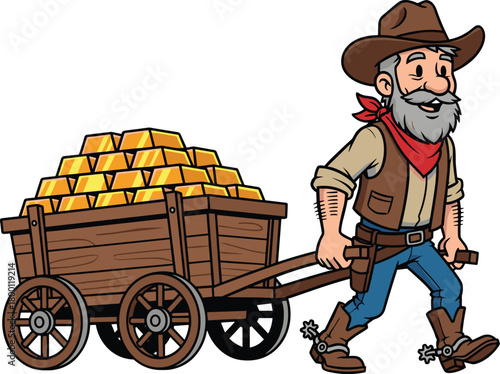 A cartoon prospector with a beard, wearing a cowboy hat, pulling a wagon full of gold bars