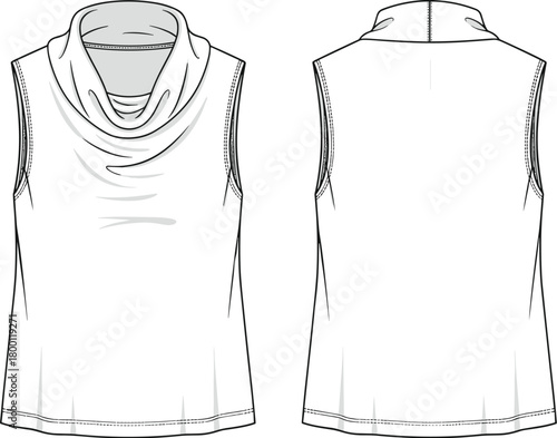 Fashion design technical drawing of a sleeveless turtleneck top, front and back view