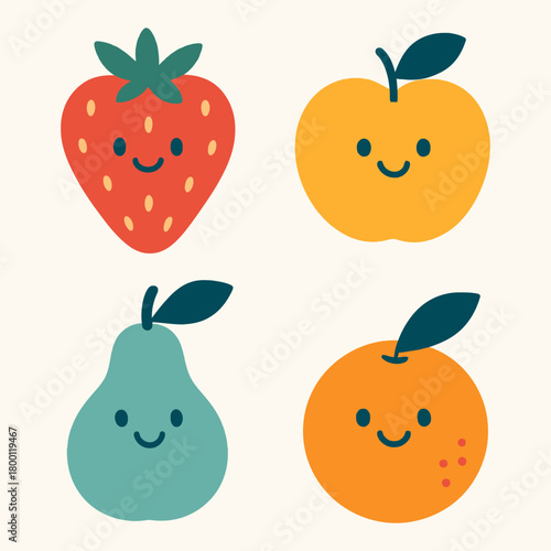 Cute Cartoon Smiling Fruits Vector Illustration Set: Strawberry, Apple, Pear, and Orange