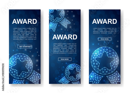 Set of award vertical banners. Reward low poly symbols for vertical advertising banners template. Quality guarantee design illustration