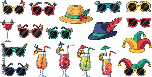 Collection of decorative sunglasses, hats, cocktails, and a jester hat