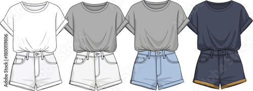 Four casual outfits for women, each featuring a tshirt and denim shorts in various colors and styles