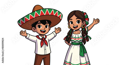 Cute cartoon boy wearing a sombrero and a girl in a traditional mexican dress, smiling and waving