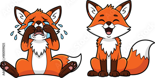 Two cartoon foxes, one crying hysterically and the other laughing joyfully, sitting down