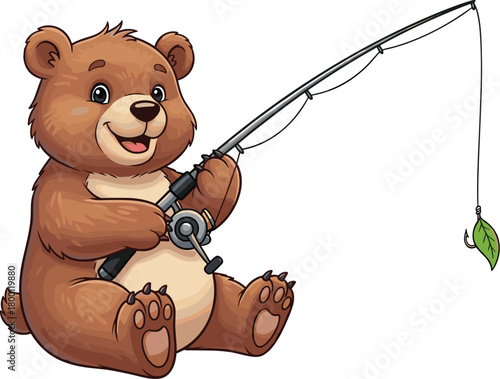 A cute cartoon brown bear sitting and fishing with a fishing rod, holding the rod with both paws, with a small green leaf on the hook