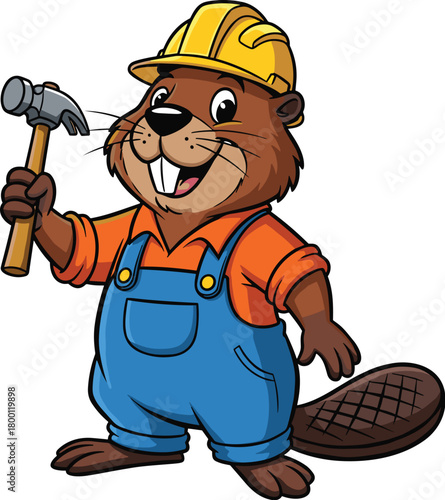Cartoon beaver wearing a hard hat and overalls, holding a hammer