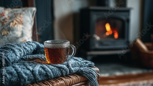 Cozy scene with warm tea in glass cup, camera zooms in on details of comfort and warmth