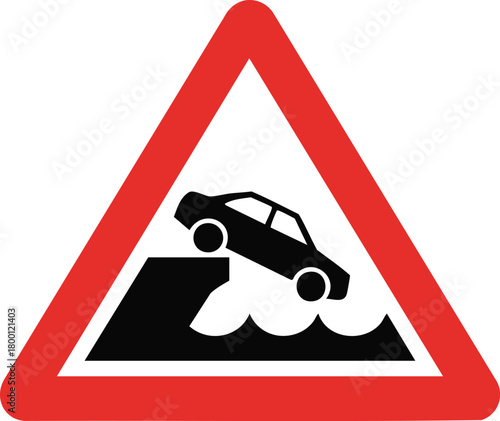 Car Falling Into Water Warning Sign Showing Edge Drop Hazard Inside Red Triangle Road Traffic Symbol