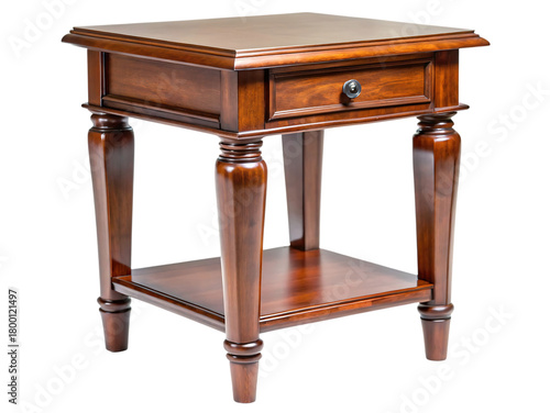 A classic wooden end table with a single drawer and a lower shelf, isolated on transparent background