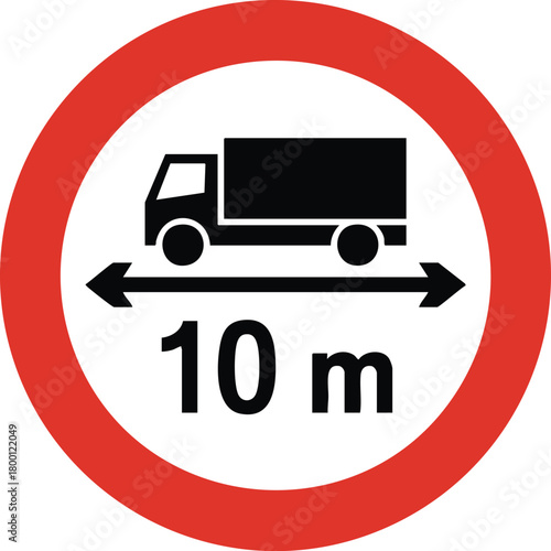 Mandatory Traffic Sign Showing Ten Meter Required Distance For Trucks Ensuring Safe Vehicle Spacing Control