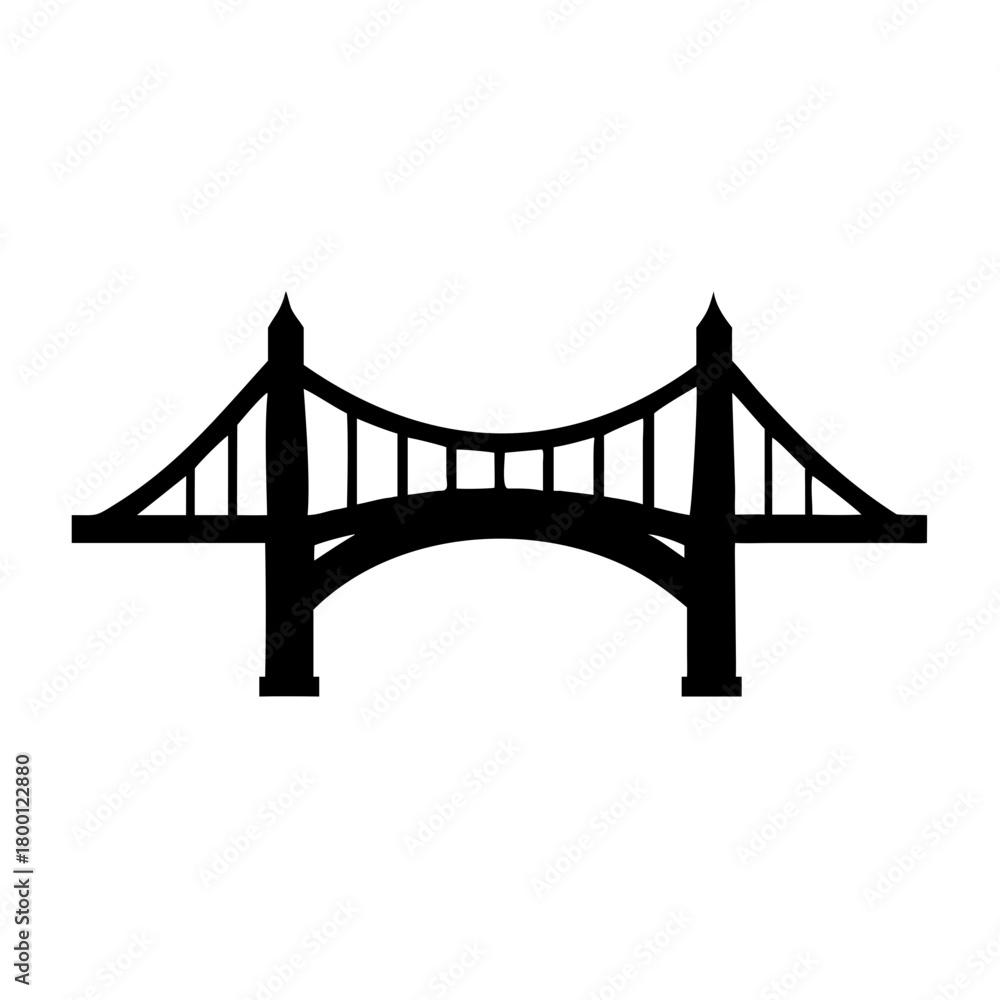 Fototapeta premium A black silhouette of a suspension bridge with two towers and a curved deck, isolated on a
