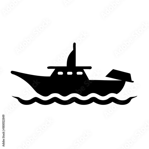Black silhouette of a boat sailing on wavy water isolated on
