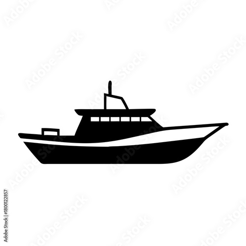 A black silhouette of a modern motor yacht with a white stripe on its hull, isolated on a