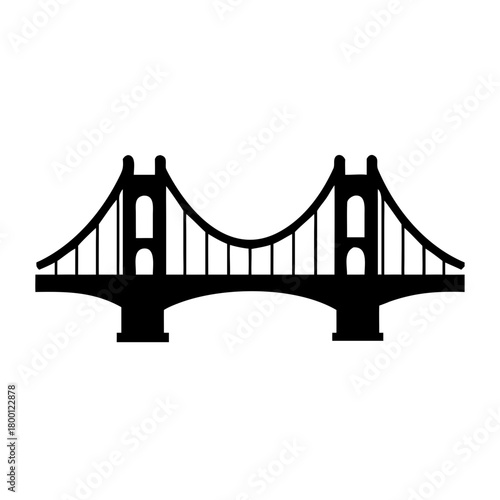 A black silhouette of the golden gate bridge, a famous suspension bridge with iconic towers and cables, isolated on a
