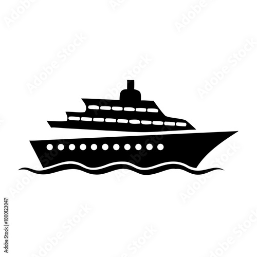 Stylized black silhouette of a large cruise ship or yacht sailing on wavy water, depicted as a simple graphic icon isolated on a