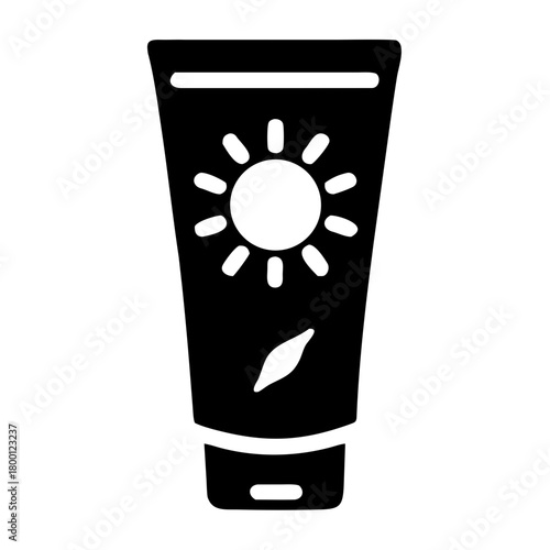 Sunscreen tube with sun symbol and leaf, isolated on