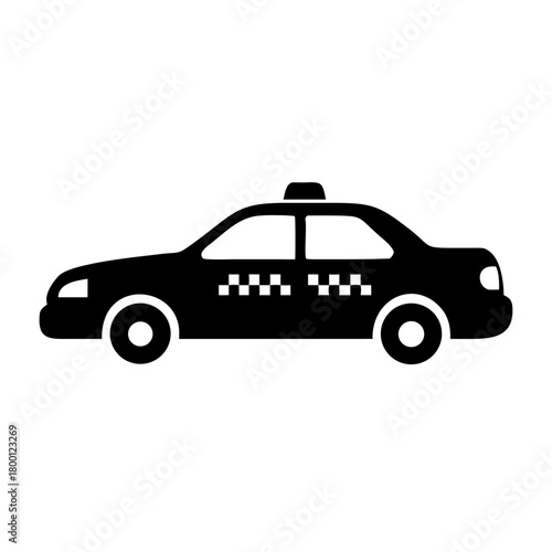 Side view of a black taxi car icon with checkered pattern, isolated on