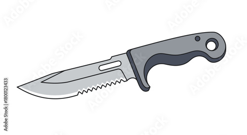 Stylized illustration of a survival knife with a serrated blade and grey handle