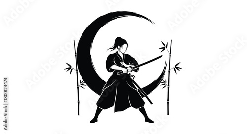 Samurai warrior silhouetted against a crescent moon with bamboo stalks