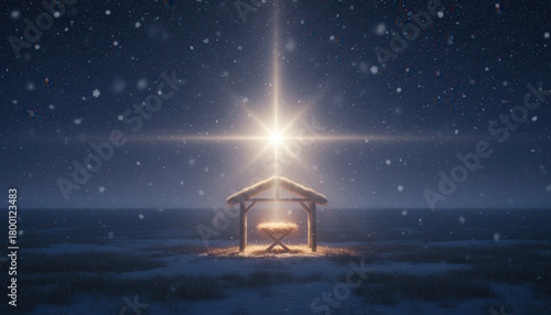 A nativity scene with an empty manger under the glowing star of Bethlehem. Christian Christmas story on a holy, snowy night