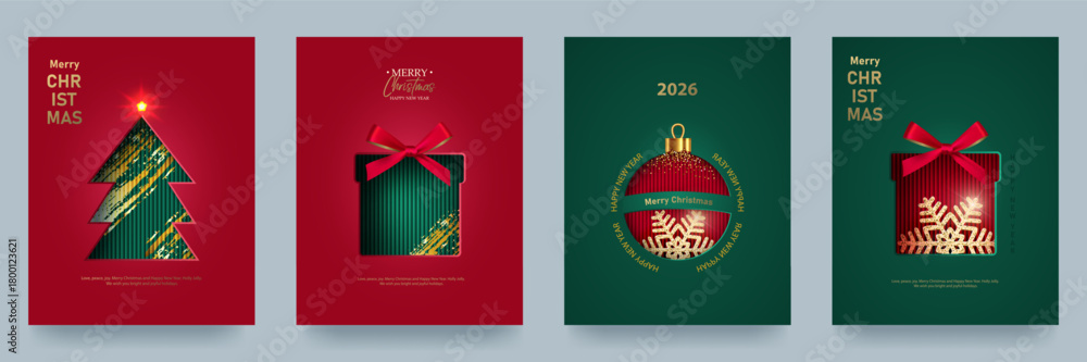 Naklejka premium A set of Christmas cards. Christmas trees, baubles, and gift boxes cut out of paper on a bright background. An elegant festive design for celebrating the winter holidays and product presentations.